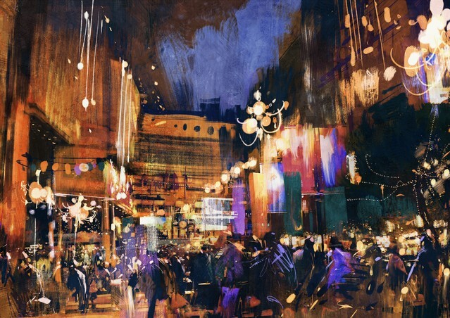 Colorful painting of night street - illustration